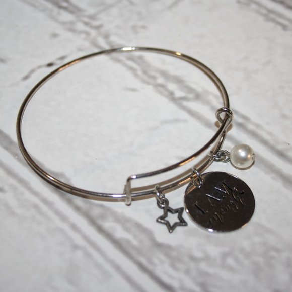 🌟 Silver ‘I AM ENOUGH’ Bangle Bracelet · Star & Pearl Accent · Empowered Minima - Picture 1 of 4